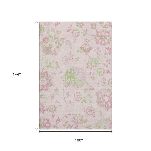 9' X 12' Pink And Green Floral Washable Area Rug With UV Protection