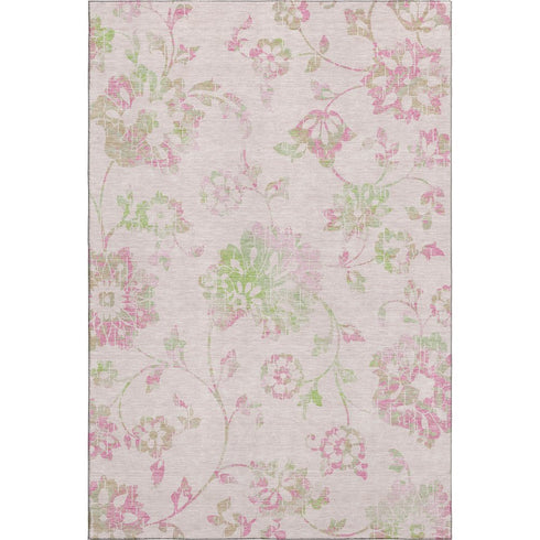 9' X 12' Pink And Green Floral Washable Area Rug With UV Protection