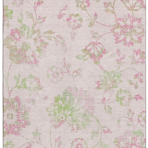 9' X 12' Pink And Green Floral Washable Area Rug With UV Protection