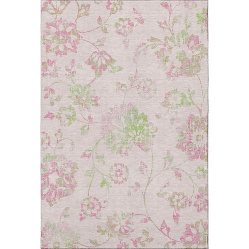 9' X 12' Pink And Green Floral Washable Area Rug With UV Protection