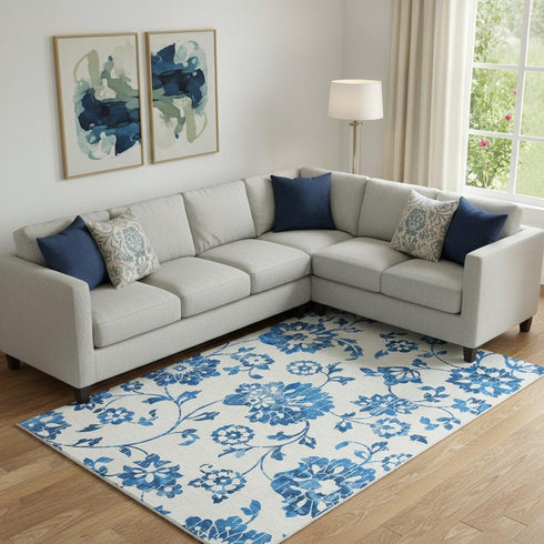 8' X 10' White And Blue Floral Washable Area Rug With UV Protection