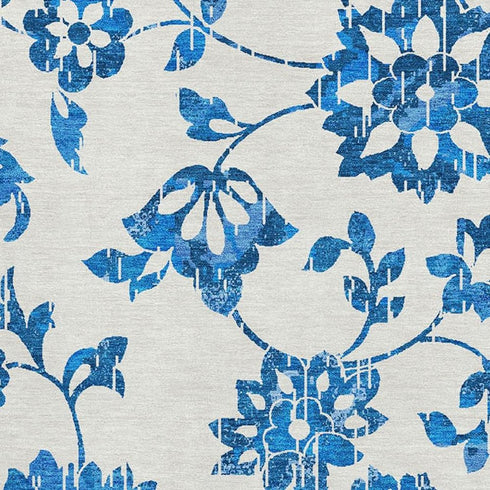8' X 10' White And Blue Floral Washable Area Rug With UV Protection