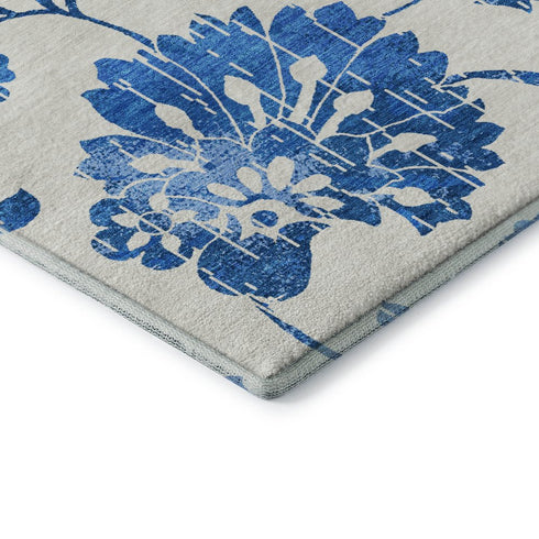8' X 10' White And Blue Floral Washable Area Rug With UV Protection