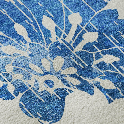 8' X 10' White And Blue Floral Washable Area Rug With UV Protection