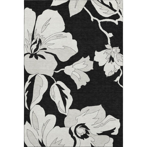 5' X 8' Black And Ivory Floral Washable Area Rug With UV Protection