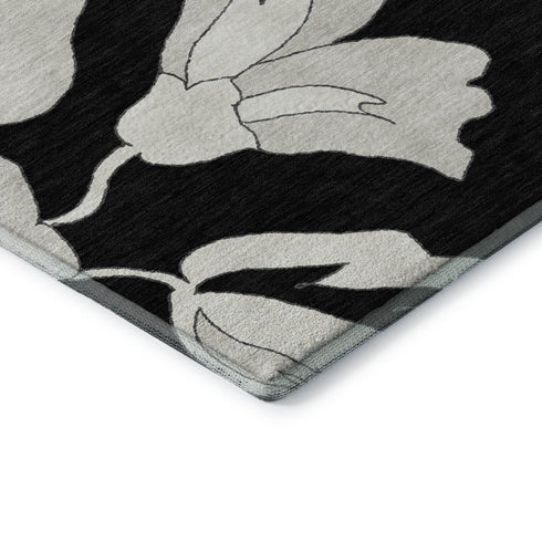 5' X 8' Black And Ivory Floral Washable Area Rug With UV Protection
