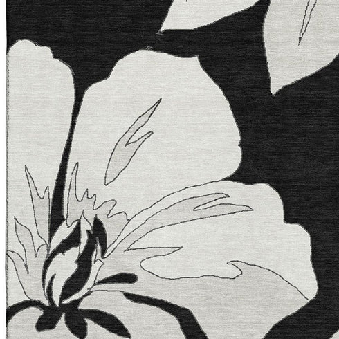 8' X 10' Black And Ivory Floral Washable Area Rug With UV Protection