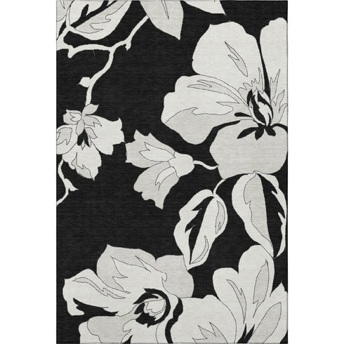8' X 10' Black And Ivory Floral Washable Area Rug With UV Protection