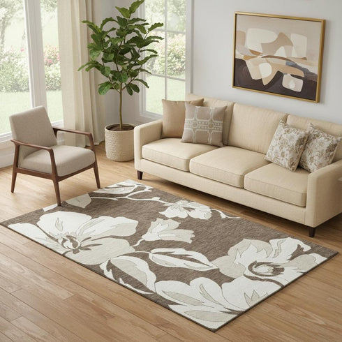 5' X 8' Brown And Ivory Floral Washable Area Rug With UV Protection