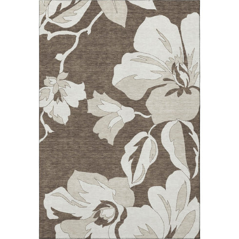 5' X 8' Brown And Ivory Floral Washable Area Rug With UV Protection