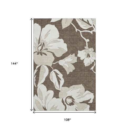 9' X 12' Brown And Ivory Floral Washable Area Rug With UV Protection
