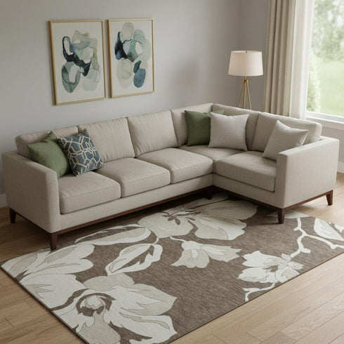 9' X 12' Brown And Ivory Floral Washable Area Rug With UV Protection