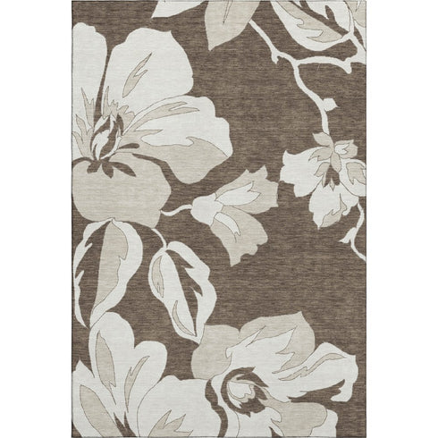 9' X 12' Brown And Ivory Floral Washable Area Rug With UV Protection