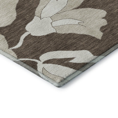 9' X 12' Brown And Ivory Floral Washable Area Rug With UV Protection