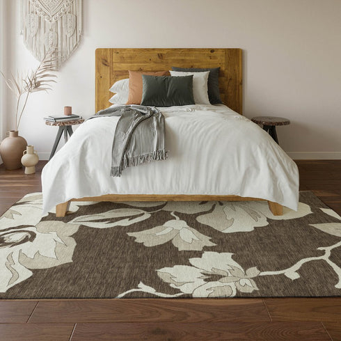 9' X 12' Brown And Ivory Floral Washable Area Rug With UV Protection