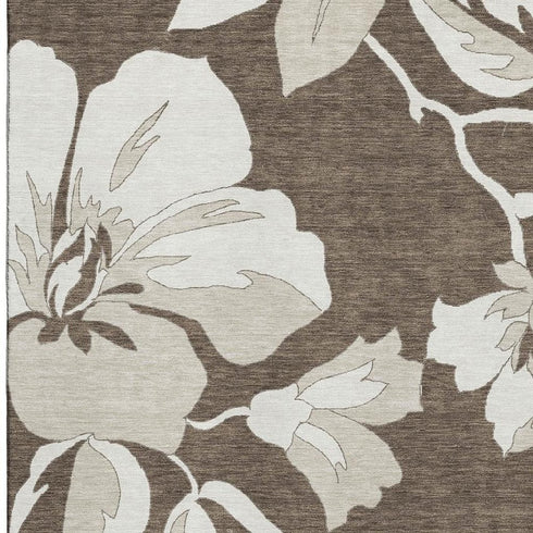 9' X 12' Brown And Ivory Floral Washable Area Rug With UV Protection