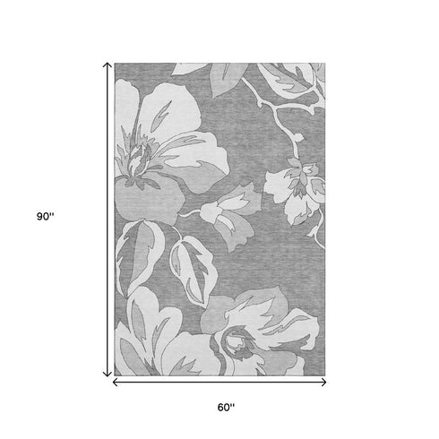 5' X 8' Gray And Silver Floral Washable Area Rug With UV Protection