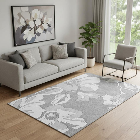 5' X 8' Gray And Silver Floral Washable Area Rug With UV Protection
