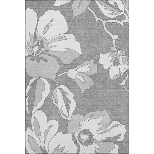 5' X 8' Gray And Silver Floral Washable Area Rug With UV Protection
