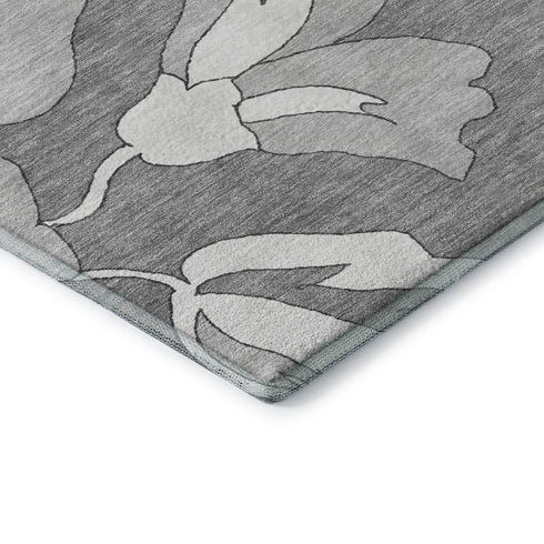 5' X 8' Gray And Silver Floral Washable Area Rug With UV Protection