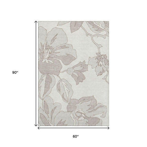5' X 8' Ivory And Gray Floral Washable Area Rug With UV Protection