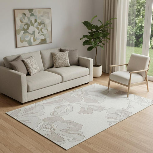 5' X 8' Ivory And Gray Floral Washable Area Rug With UV Protection