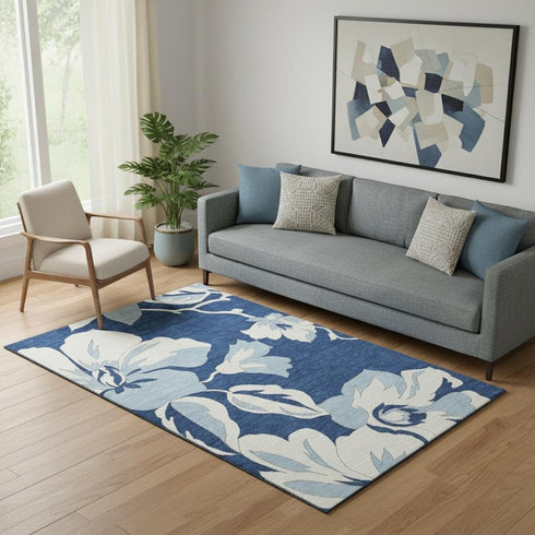 5' X 8' Navy Blue And Ivory Floral Washable Area Rug With UV Protection
