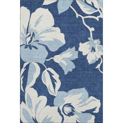 5' X 8' Navy Blue And Ivory Floral Washable Area Rug With UV Protection