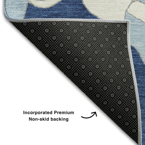 5' X 8' Navy Blue And Ivory Floral Washable Area Rug With UV Protection