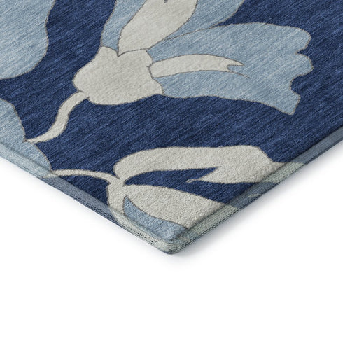 5' X 8' Navy Blue And Ivory Floral Washable Area Rug With UV Protection