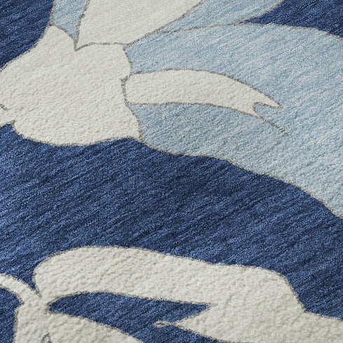 5' X 8' Navy Blue And Ivory Floral Washable Area Rug With UV Protection