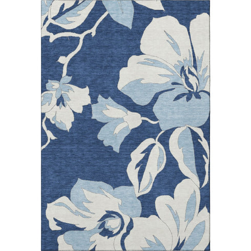 5' X 8' Navy Blue And Ivory Floral Washable Area Rug With UV Protection