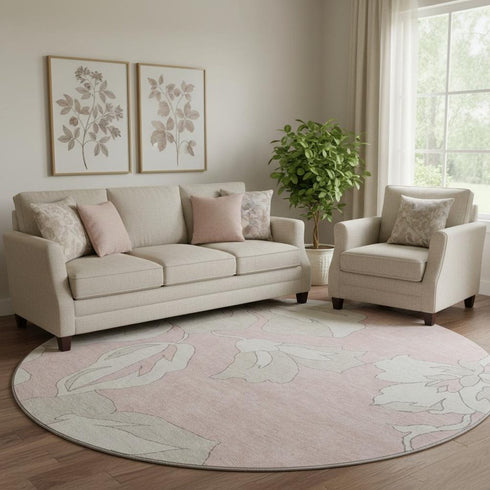 8' Pink And Ivory Floral Washable Round Rug With UV Protection