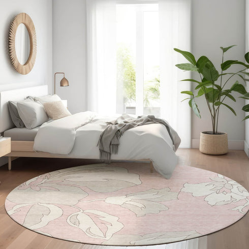 8' Pink And Ivory Floral Washable Round Rug With UV Protection