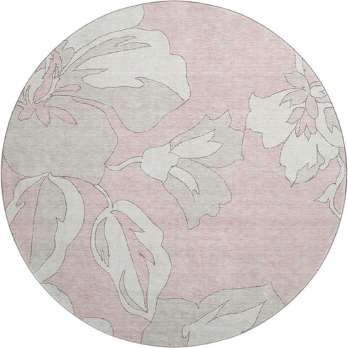 8' Pink And Ivory Floral Washable Round Rug With UV Protection