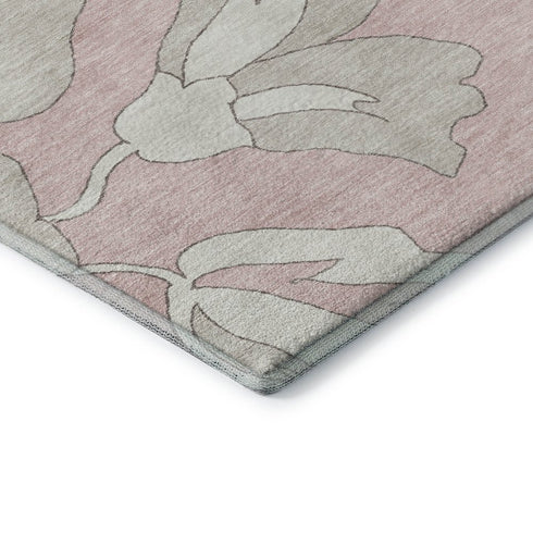 8' Pink And Ivory Floral Washable Round Rug With UV Protection