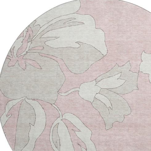 8' Pink And Ivory Floral Washable Round Rug With UV Protection