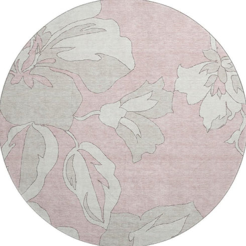 8' Pink And Ivory Floral Washable Round Rug With UV Protection