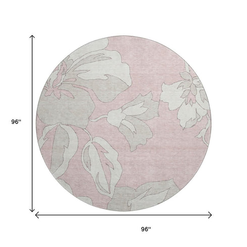 8' Pink And Ivory Floral Washable Round Rug With UV Protection