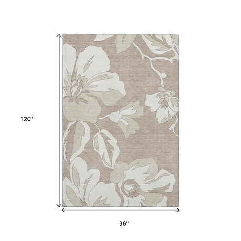 8' X 10' Taupe And Ivory Floral Washable Area Rug With UV Protection