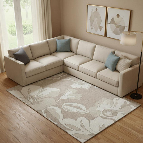 8' X 10' Taupe And Ivory Floral Washable Area Rug With UV Protection