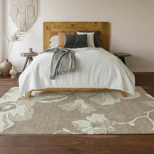 8' X 10' Taupe And Ivory Floral Washable Area Rug With UV Protection