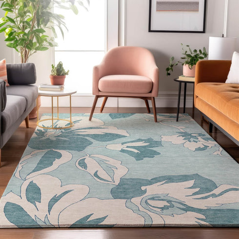 5' X 8' Teal And Ivory Floral Washable Area Rug With UV Protection