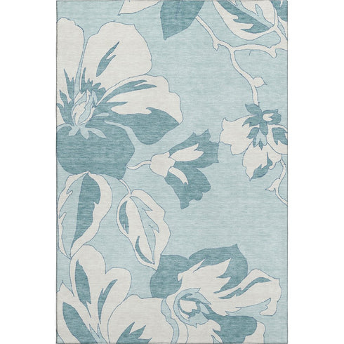 5' X 8' Teal And Ivory Floral Washable Area Rug With UV Protection