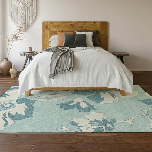 5' X 8' Teal And Ivory Floral Washable Area Rug With UV Protection