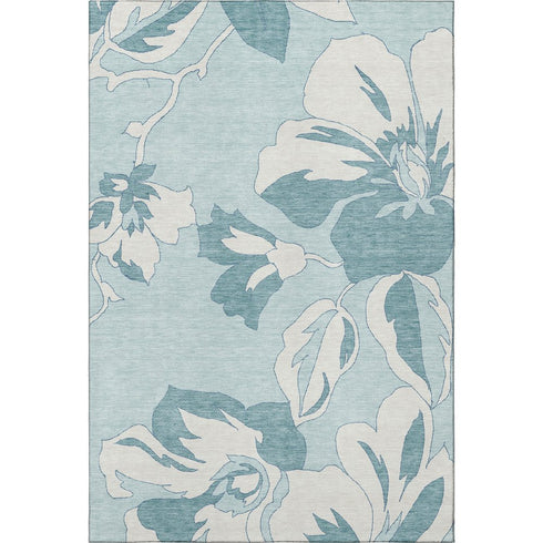 5' X 8' Teal And Ivory Floral Washable Area Rug With UV Protection