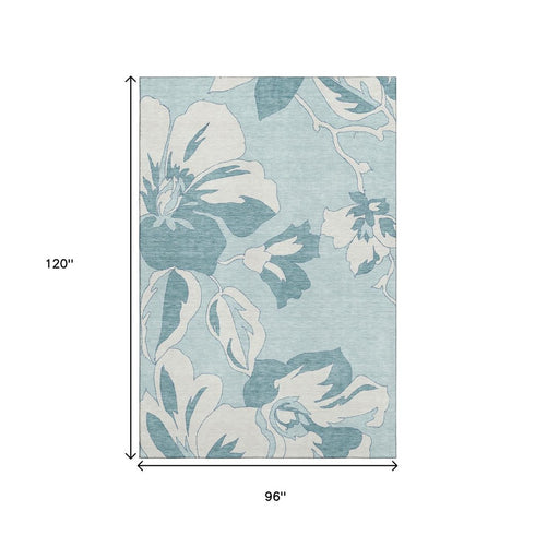 8' X 10' Teal And Ivory Floral Washable Area Rug With UV Protection