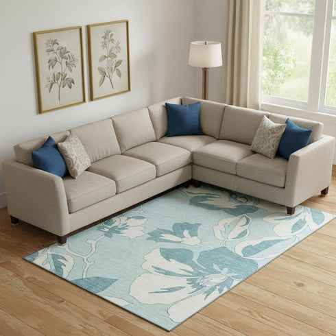 8' X 10' Teal And Ivory Floral Washable Area Rug With UV Protection