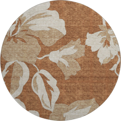 8' Terra Cotta And Beige Floral Washable Round Rug With UV Protection