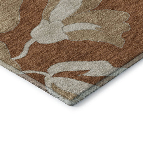 8' Terra Cotta And Beige Floral Washable Round Rug With UV Protection